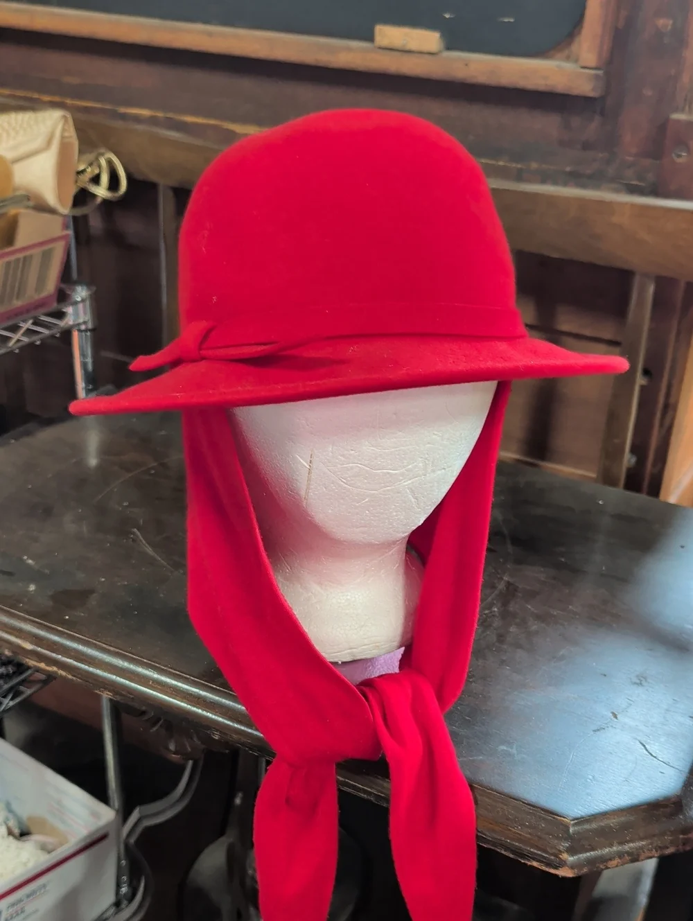 Vintage Street Smart by Betmar Red Wool Cloche Hat & Attached Scarf Set